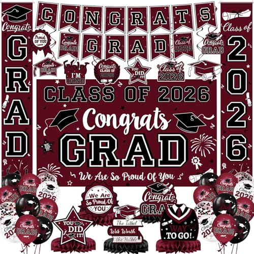 Maroon Themed Graduation Decorations Class of 2026 - Congrats Grad Banner & Backdrop Porch Sign Hanging Swirls Balloons Honeycomb Centerpieces for High School & College Celebrations