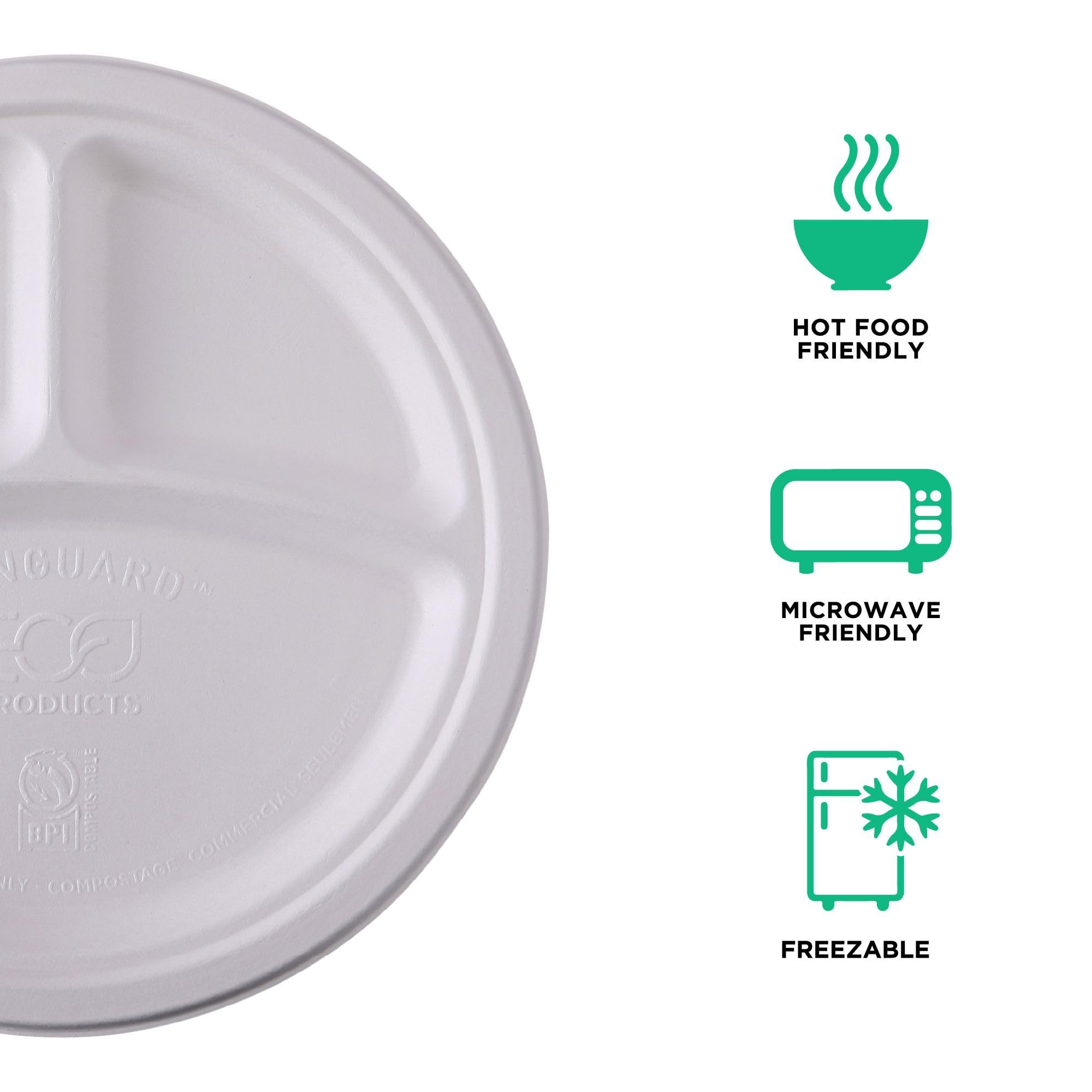 ECO PRODUCTS Platos de papel compostables Vanguard de 9 pulgadas, caja de 500, fibra moldeada blanca desechable de 3 compartimentos, redondos, sin árboles, sin PFAS, cumple con ASTM, certificado BPI