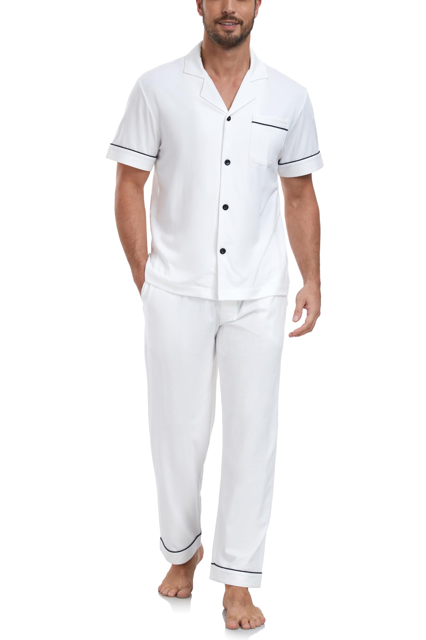 COLORFULLEAF Men's 100% Cotton Pajamas Set Button Down Sleepwear Short Sleeve and Long Pants Pjs