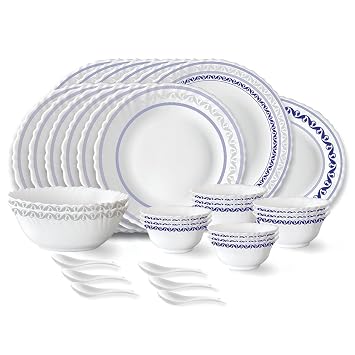 Larah by Borosil Jazzblue Fluted Series Opalware Dinner Set | 33 Pieces for Family of 6 | Microwave & Dishwasher Safe | Bone-Ash Free | Crockery Set for Dining & Gifting | Plates & Bowls | White