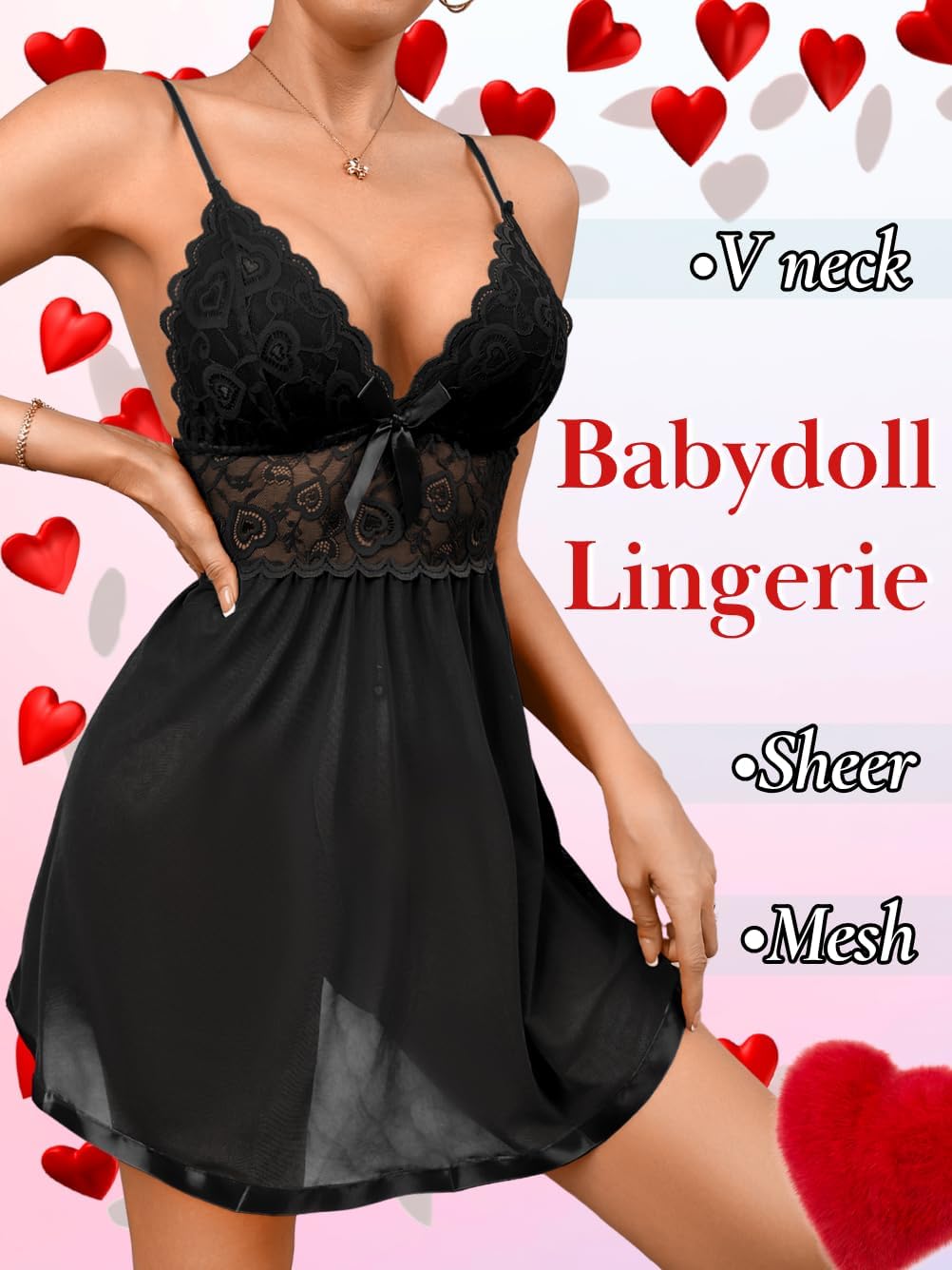 Heart Lace Babydoll Lingerie,Backless Sexy Night Gowns For Women,Sheer Nightgown Valentines Wedding Night - Image 3
