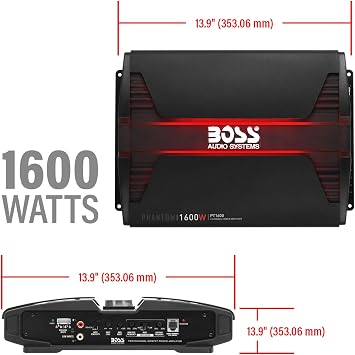BOSS Audio Systems PT1600 Phantom Series Car Stereo Amplifier 1600 High Output, 2 Channel, Class A/B, 2/4 Ohm, High/Low Level Inputs, High/Low Pass Crossover, Full Range, Mosfet, Bridgeable