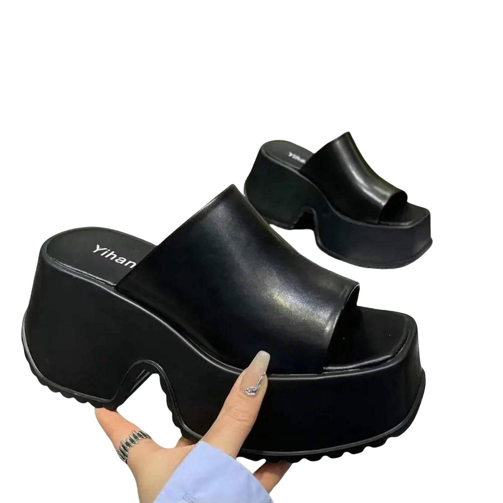 Sandali Donna estive Punk Tacchi Grossi Muli per Donne Rivetti Aperti di Piedi Estate Scarpe da Spiaggia Goth Spiaggia-nero-39