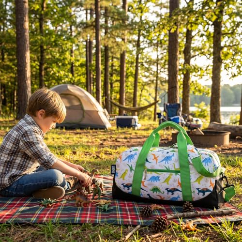 Image of Wildkin Overnighter Duffel Bag for Kids, Dinosaur Adventures | 18 x 9 x 9 in travel duffel with roomy main compartment, exterior zip pocket and removable padded shoulder strap.