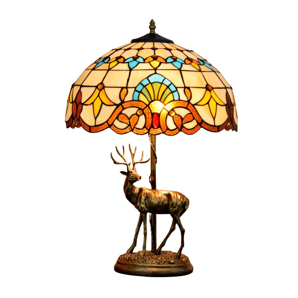Aioneer 16 Inch Tiffany Stained Glass Table Lamp American Elk Creative Baroque Stained Glass Living Room Bar Bedroom Bedside Table Lamp