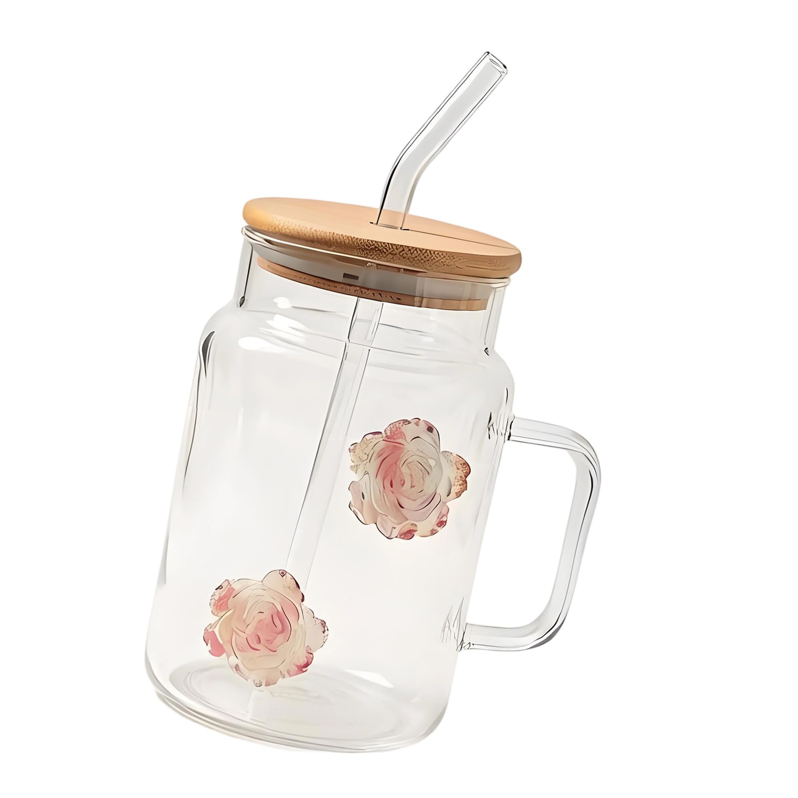 Hsyzygian Premium Glass Tumblers with Ergonomic Handle and Straw Wooden Lid for Hot and Cold Drink Juices Coffee Tea Drinking Mug Glass Mug with Lid and Straw Handle