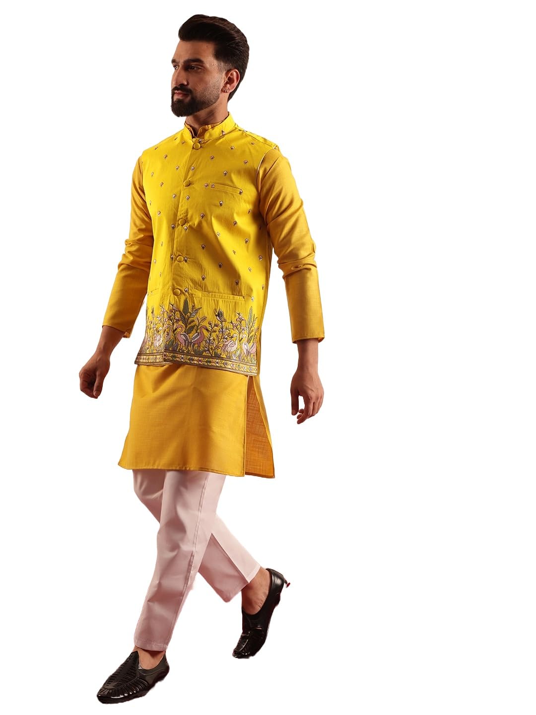 sojanya Men's Cotton Blend Mustard Kurta & White Pyjama With Daman Embroidered Nehru Jacket-picture-48