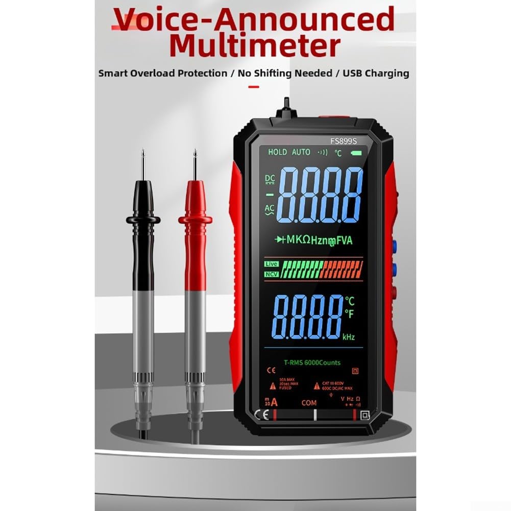 FS899S Digital Multimeter, USB-C Rechargeable Power, Large Backlit Display, Flashlight and Voice Broadcast, RMS Digital Multimeter for Home and Industrial Electrical Testing (FS899S)