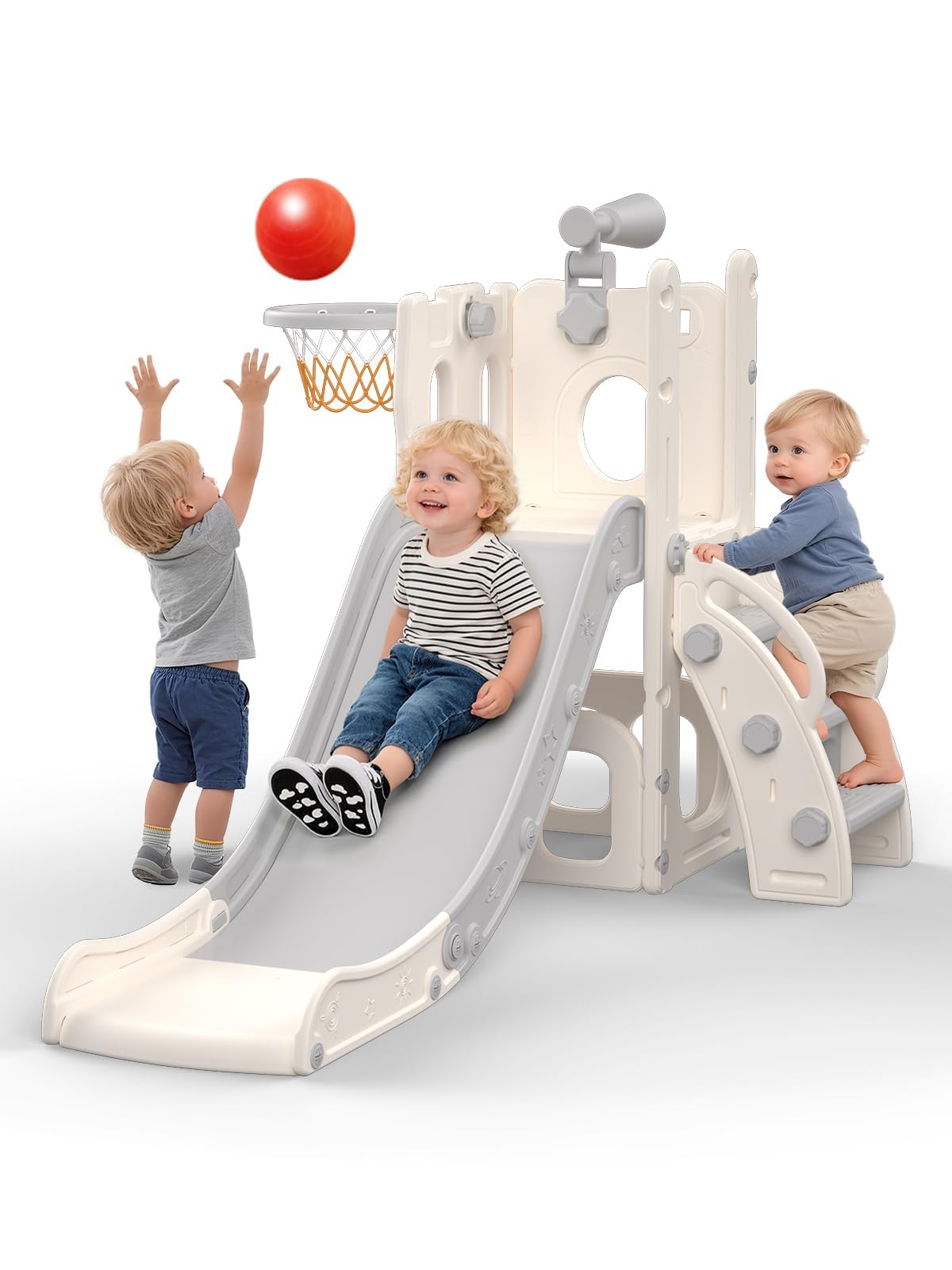 hoopyosms Plastic Kids Slide with Ladder, Basketball Hoop & Toy Telescope, Indoor & Outdoor Activity Playset for Toddlers & Preschoolers(Grey) — image 1