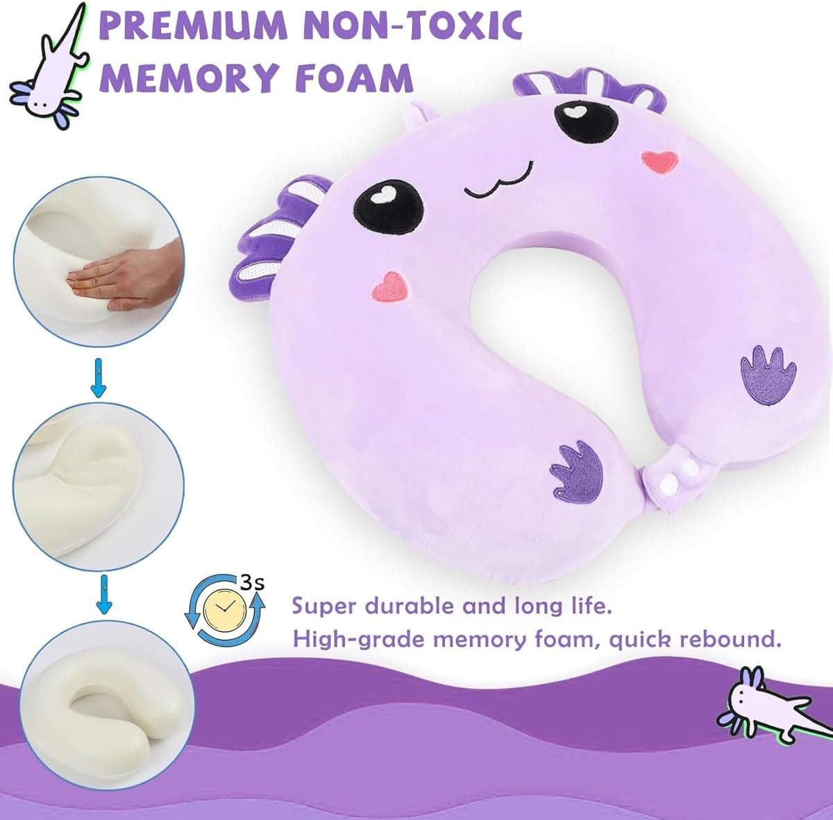 Travel Pillow, Kids Travel Pillow with Sleep Eye Mask Soft Memory Foam Kids Neck Pillow for Boys & Girls, Travel Accessories for Car Airplane Traveling - Purple Axolotl image 3