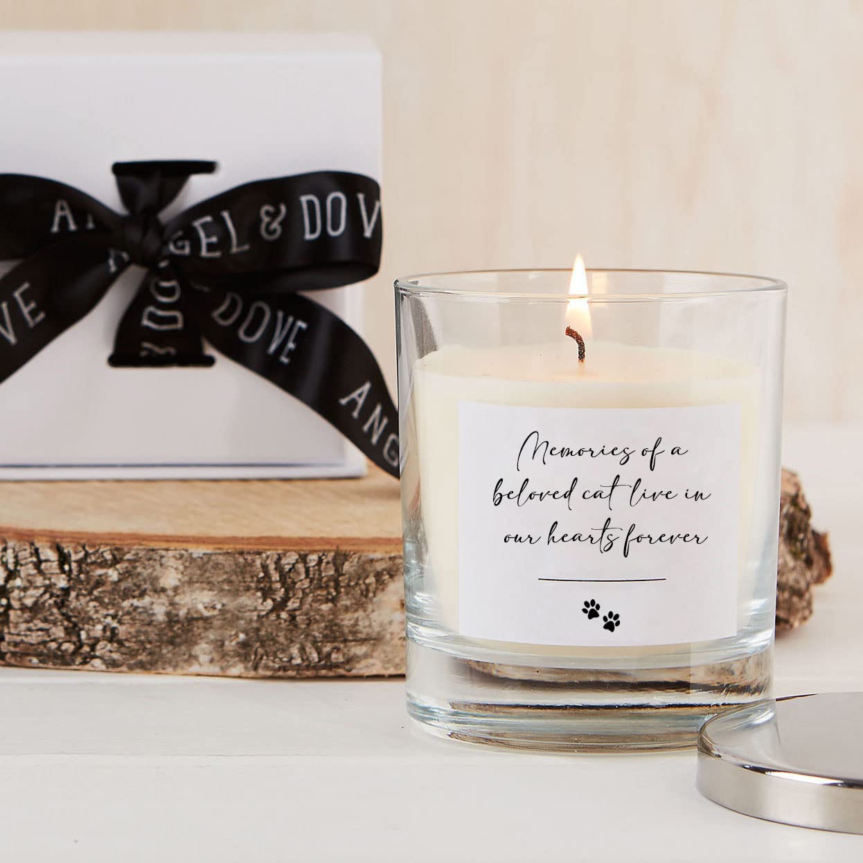 ANGEL & DOVE 'Memories of a Beloved Cat' Large Gift Boxed Remembrance Candle with Silver Lid - Cat Memorial, Funeral, Sympathy Gift