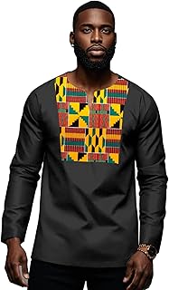 ATLYCOLOR African Shirt for Men Kente Tribal Patchwork Long Sleeve Dashiki Shirt Nigerian Top Attire