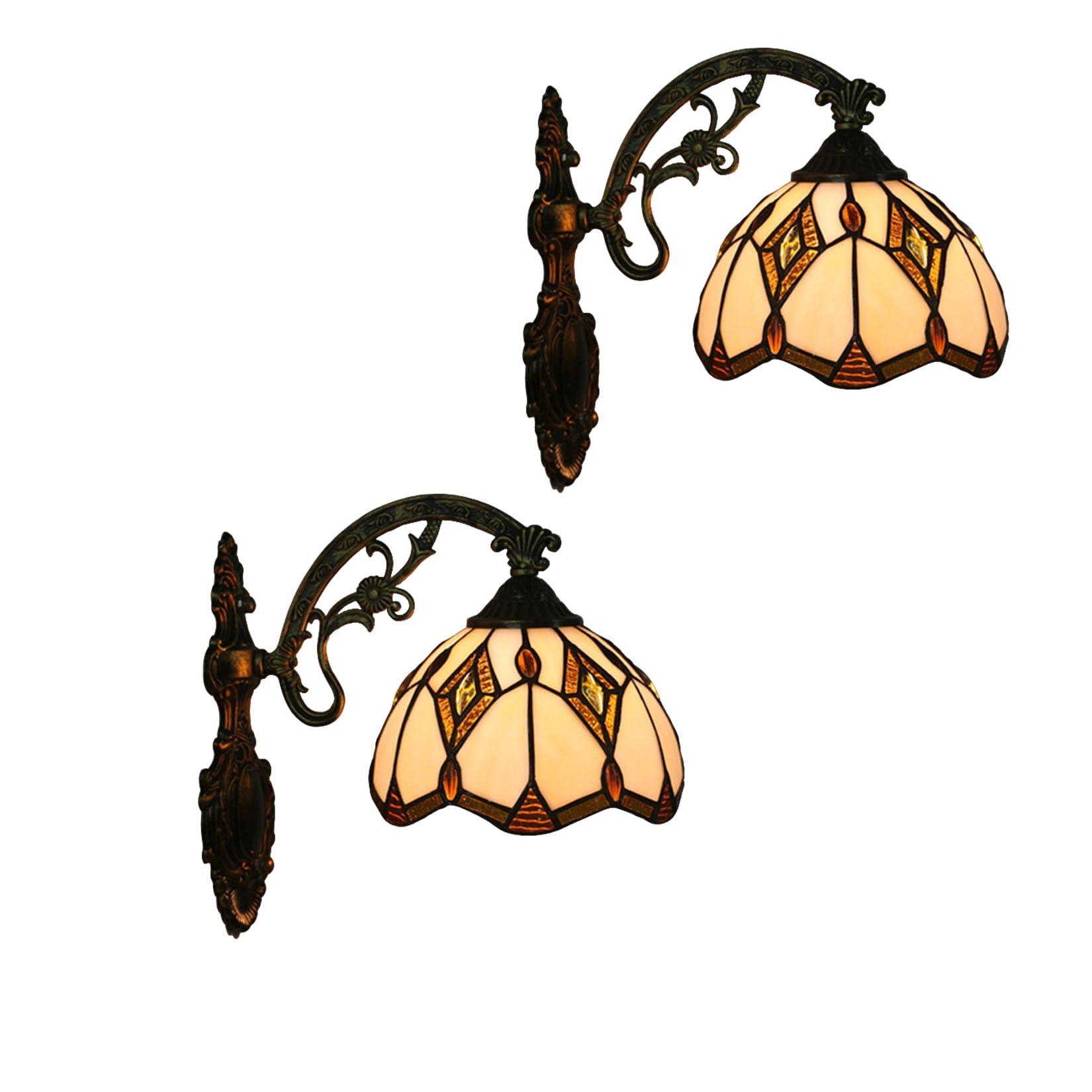 Dualbao 2 Pcs Tiffany Wall Sconces For Living Room, Balcony, Bedroom, Dining Room, Bathroom, Water Ripple Patchwork Geometric Rhombus Stained Glass Wall Sconce Beige Cream Lamps,