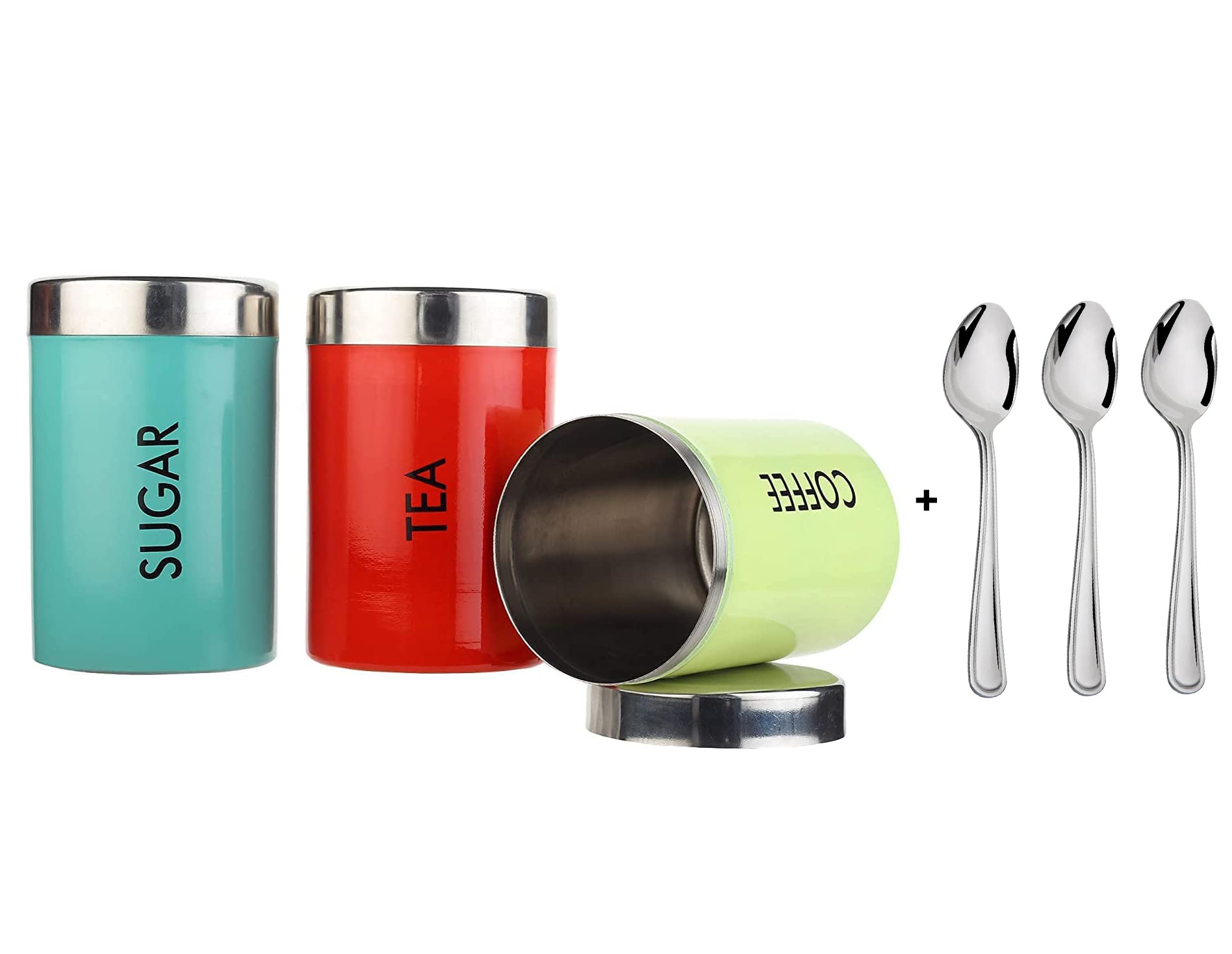 Avekin Stainless Steel Design Jar | Container | Canister set for Tea, Coffee & Sugar | Tea Coffee Sugar Containers Set of 3 With 3 Spoon | Multicolour | 800ml each (Made in India)