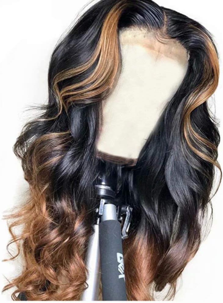 QUINLUX WIGS 150% Density Body Wave Lace Front Human Hair Wigs Ombre Color 1BT30 Glueless Brazilian Human Hair Front Lace Wig With Highlight (16 Inch, Lace front wig)