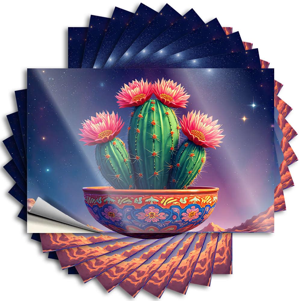 Decal Farmhouse Porch Decor | Summer Helmet A Vibrant Cactus with Pink Flowers in A Colorful Pot Under A Starry Sky for Dry(6X9CM)