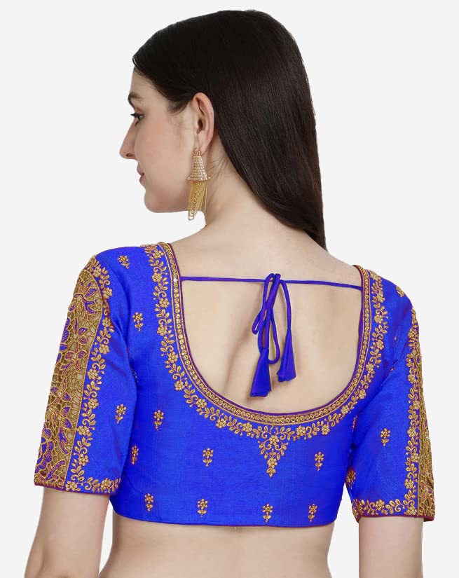 Pujia Mills Women's Silk Flower Embroidery Sleeves Cut Work Half Sleeve Readymade Saree Blouse (Gulab Rose_Royal_38)