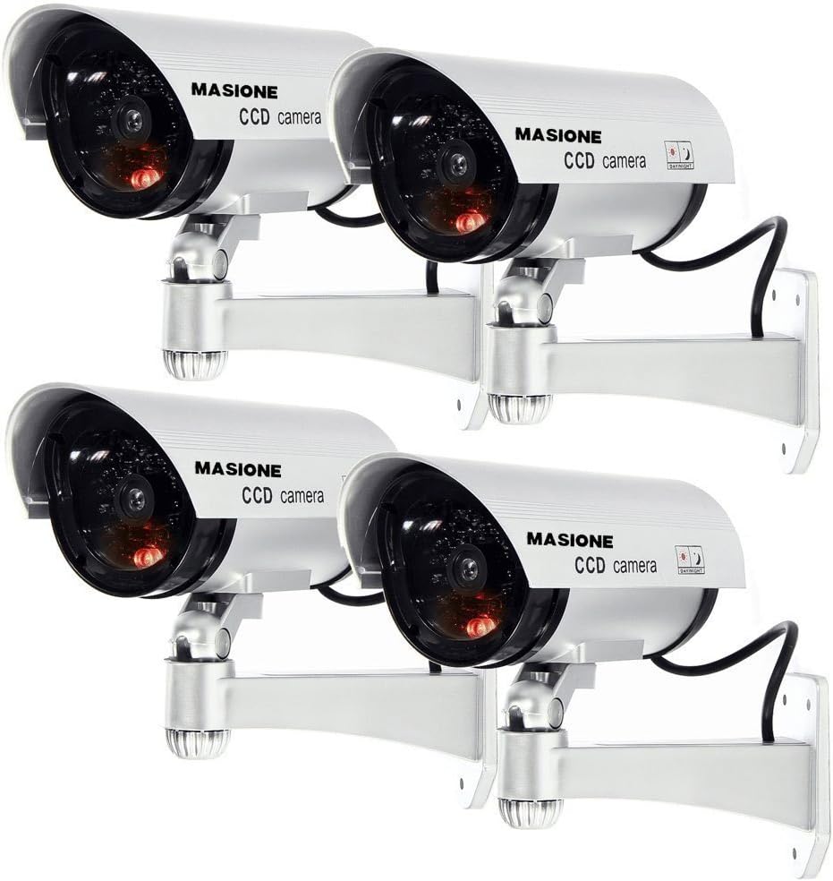 Masione 4 Pack Indoor Outdoor Fake Dummy Security Bullet Camera Blinking Light CCTV Surveillance with One Flashing LED