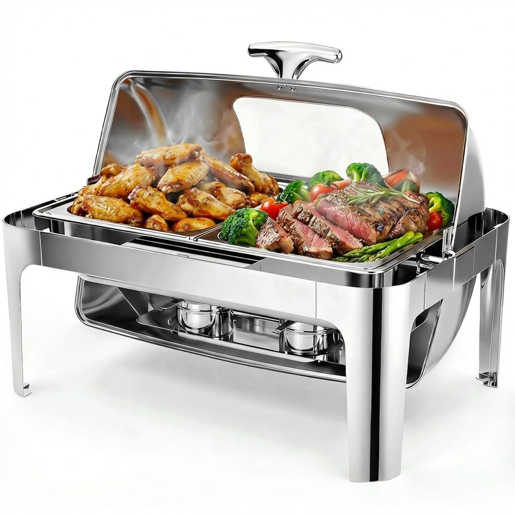 Garvee Chafing Dish Edelstahl Speisewärmer mit Roll-Top Deckel, 1/1 GN Behälter Buffetwärmer Set für Gastronomie & Catering, Warmhaltebehälter für Partys & Events, Rechteckig, Silber glänzend