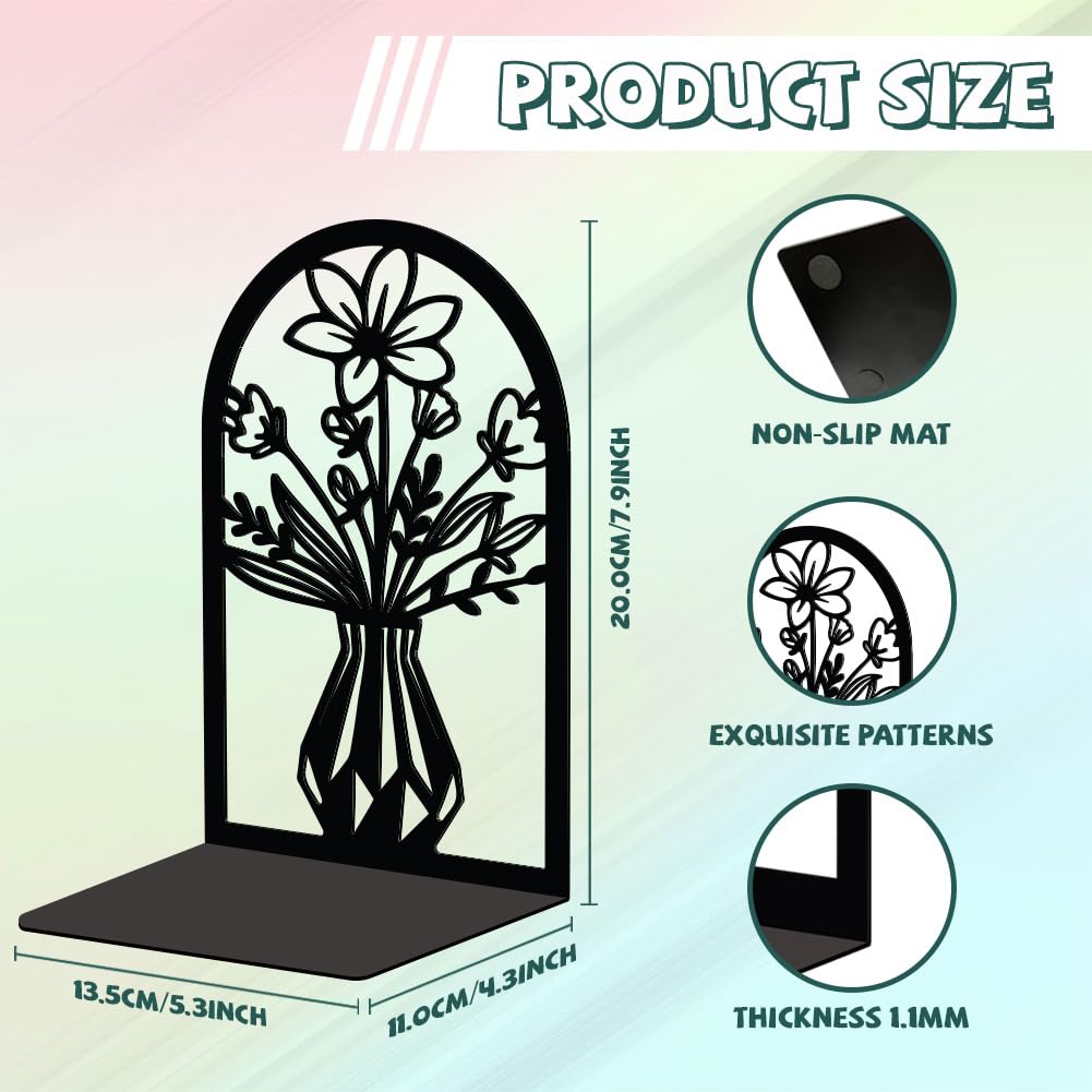Peacoblue Metal Book Ends Stopper Holder Stand for Shelves Decorative 13.46x10.9x20cm Modern Creative Heavy Duty Study Bookends Stoppers Holder Stand for Desk Shelf 1 Pair (Vase with Flowers) - Image 2