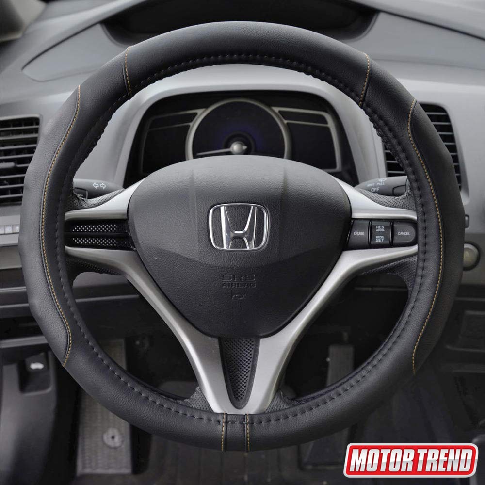 Motor Trend GripDrive Synthetic Leather Auto Car Steering Wheel Cover Black w/Beige Accent Stitching Comfort Grip - Standard 15 inch