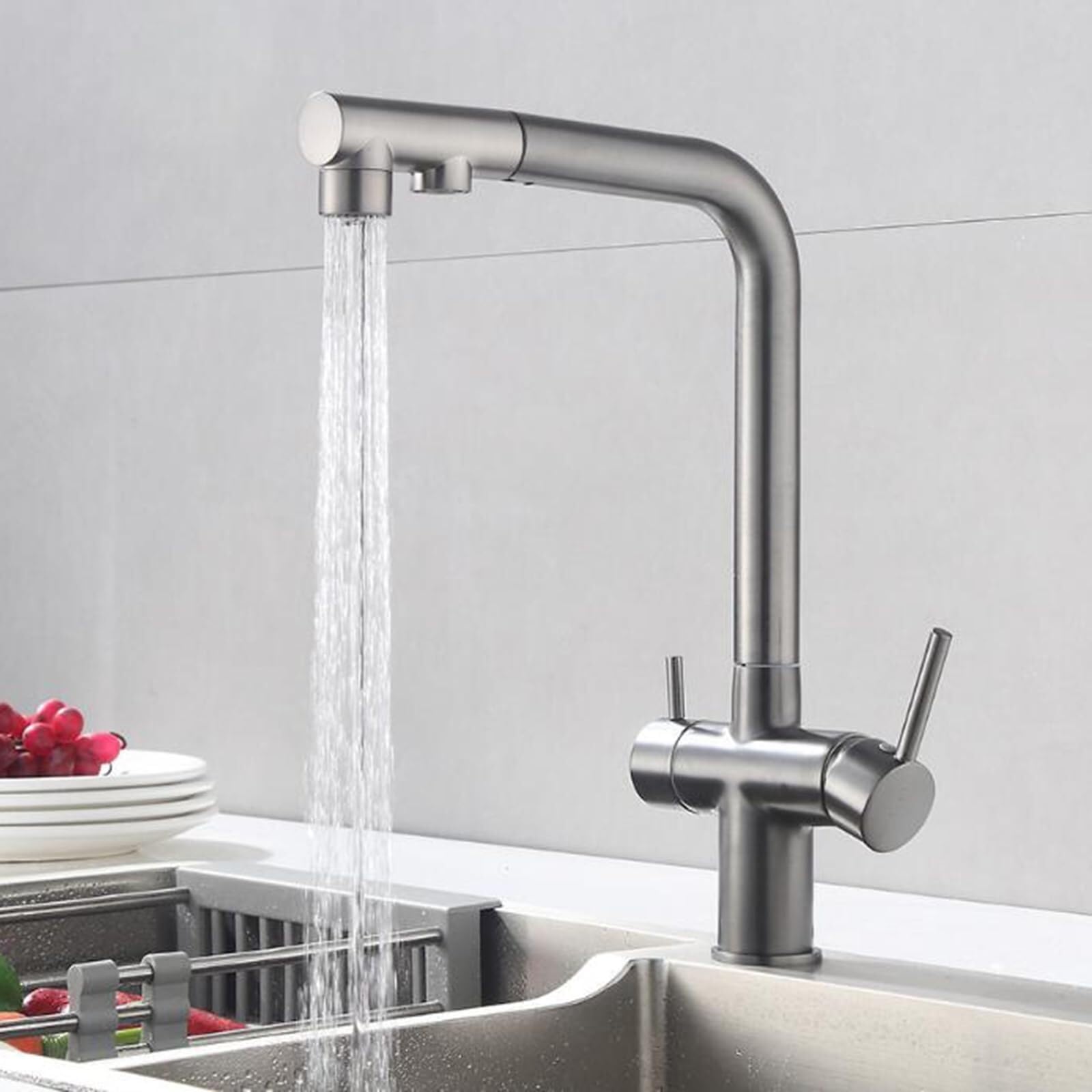 Robinet de cuisine à 3 voies gris en laiton avec douchette extractible