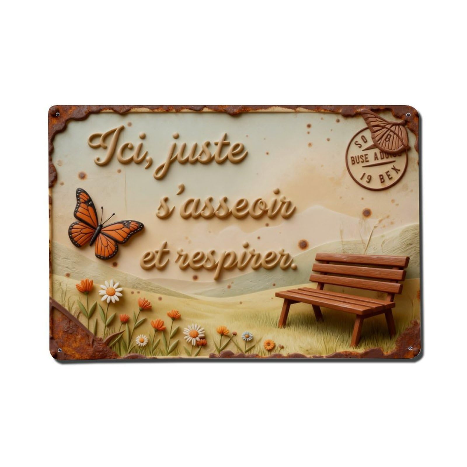 Butterfly Bench Flowers Sky Text Metal Tin Sign Plaque