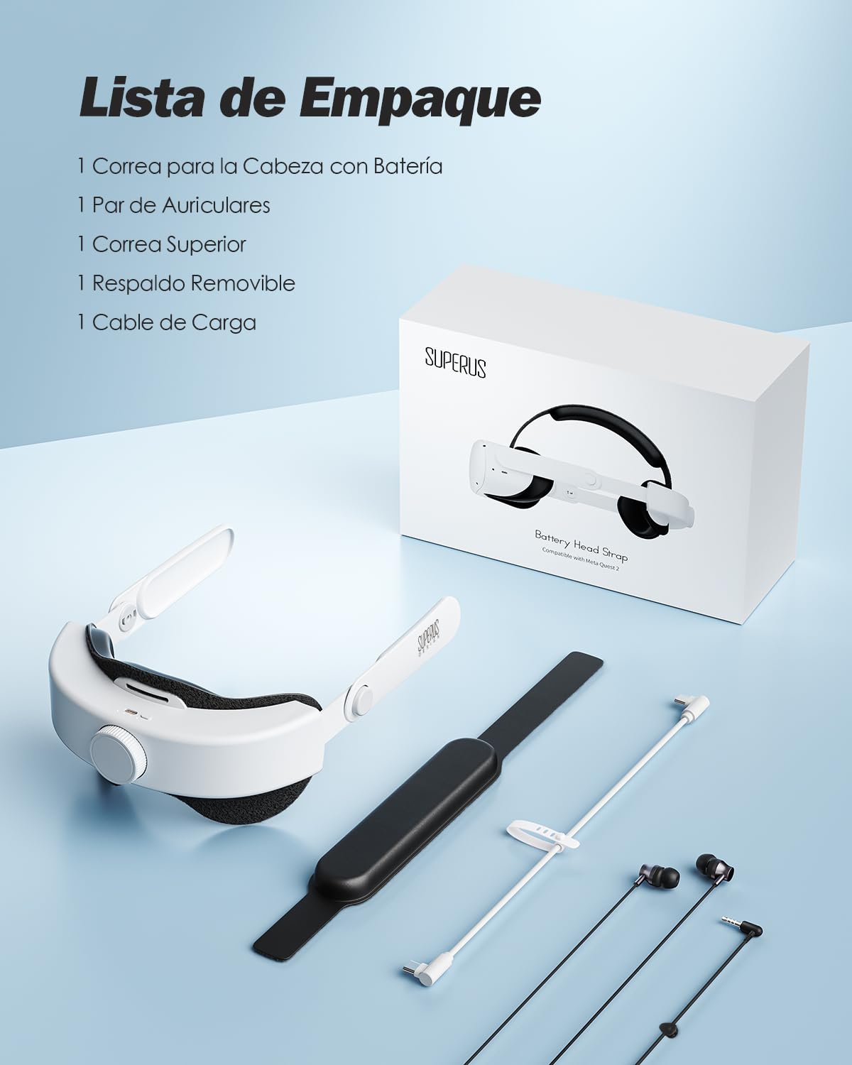 SUPERUS Batería Correa para la Cabeza para Quest 2, con Auriculares - Repuesto Ajustables para la Correa Elite para Meta/Oculus Quest 2 Accesorios - Extiende Tiempo Juego y Reduce Presión en Cabeza