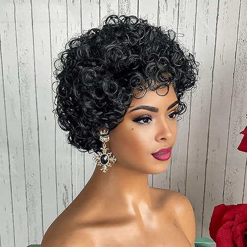 Miniatura 2 de QITAQOTA Peluca corta de corte pixie para mujeres negras, peluca rizada y esponjosa, pelucas de corte corto, peluca rizada afro, pelucas de hongos,