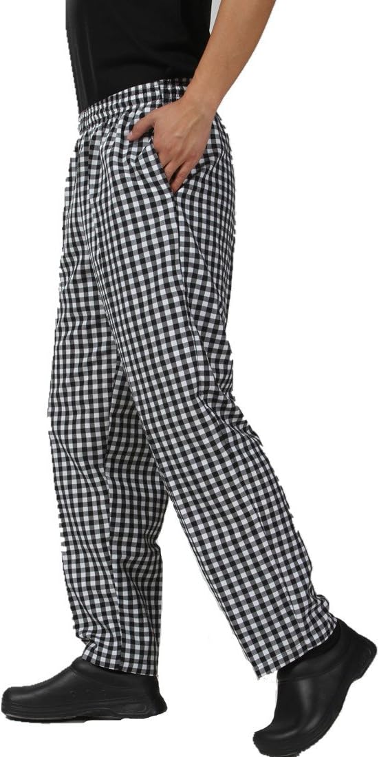 Men's Black and White Checkered Chef Pants with Elastic Waist