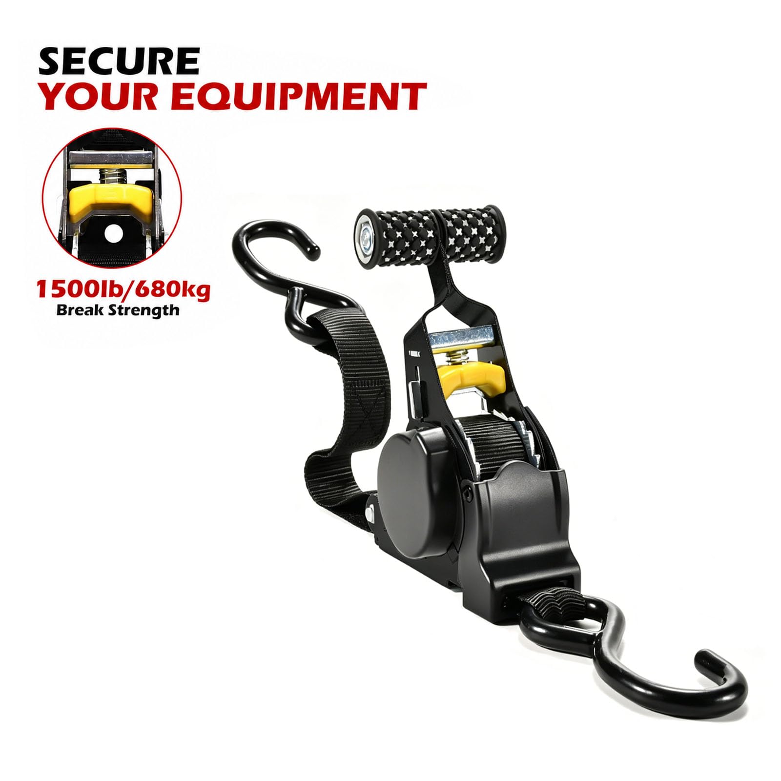 Confezione da 4 cinghie di ancoraggio automatiche, 2,5 cm x 3,3 m, con gancio a S, auto-avvolgente, carico di rottura 680 kg, cinghie di ancoraggio pesanti per auto, moto, furgoni, camion