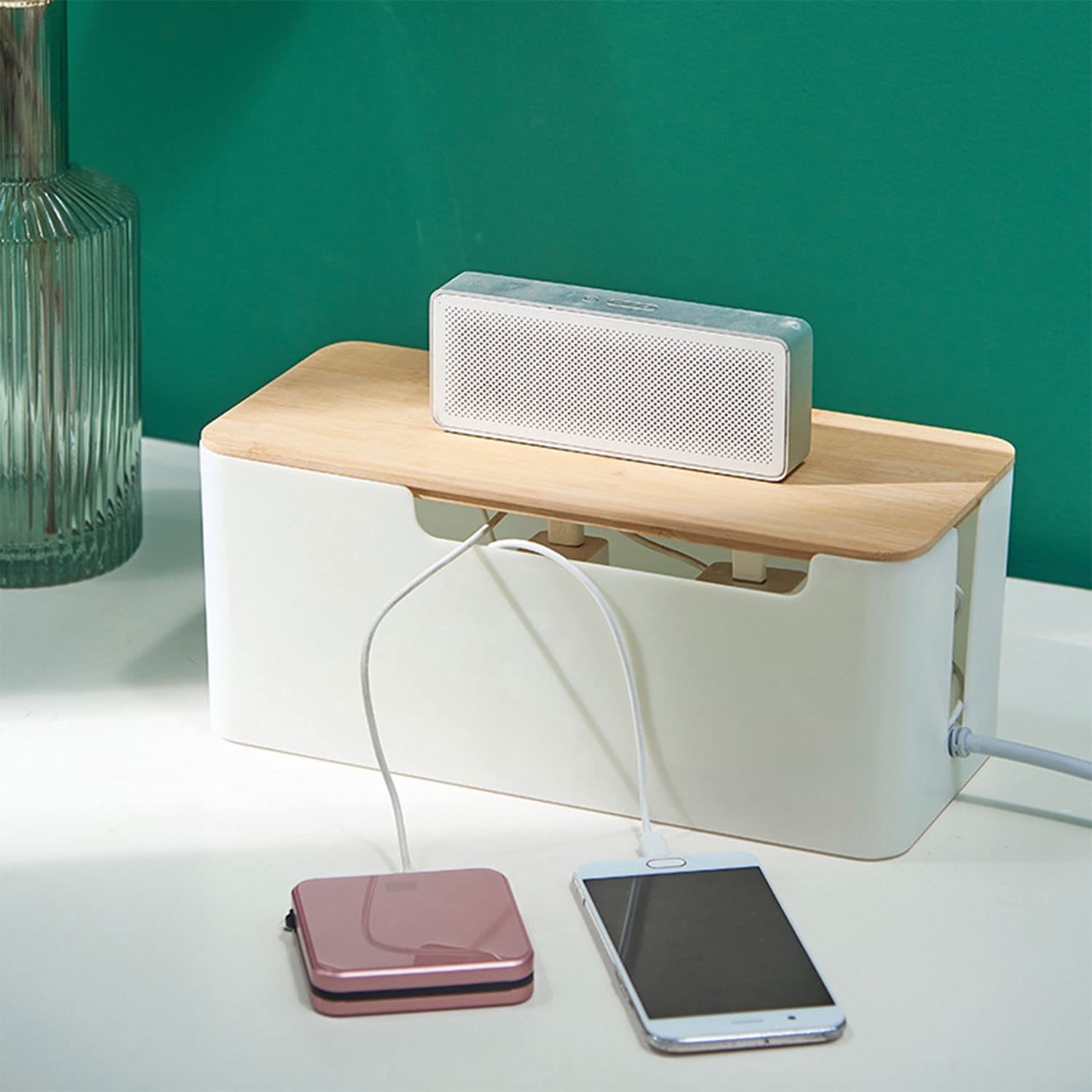 Buachois Scatola Nascondi Cavi,Scatola Portacavi,Organizer per Scatola di Gestione dei Cavi con Coperchio in Legno,per Cavi TV, Computer,Router,Hub USB
