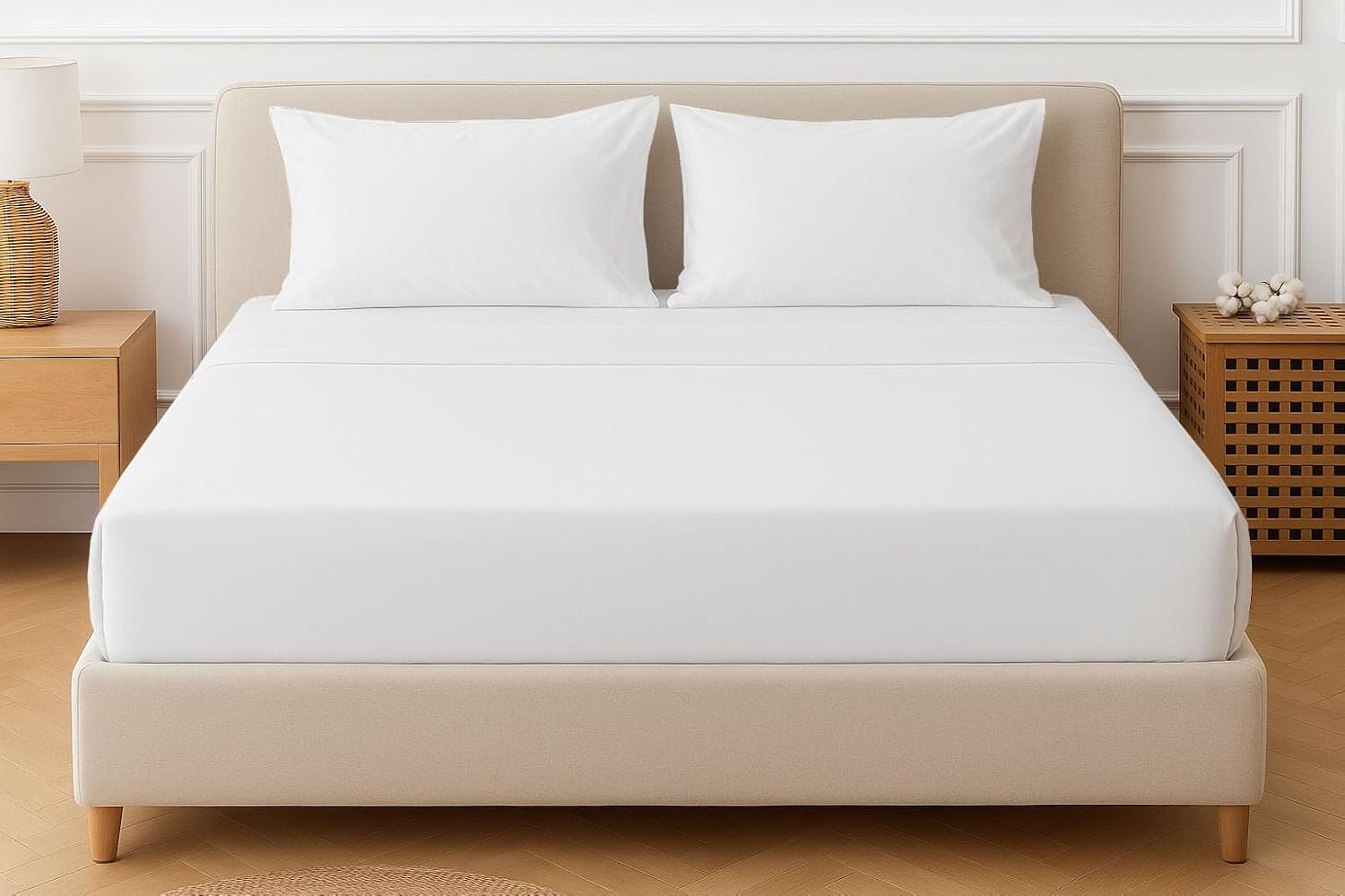 Cottingon 4 Pcs Extra Deep 100% Cotton Bed Sheets Set, Soft and Luxury Bedding Fits Upto 22 Inch Extra deep Pocket with Elastic All Around, Queen, White Solid