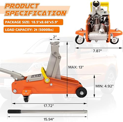 Miniatura 3 de Donext Gato de piso de 2 toneladas, gato hidráulico de piso de carreras de perfil bajo, liberación lenta, construcción de acero resistente, rango de