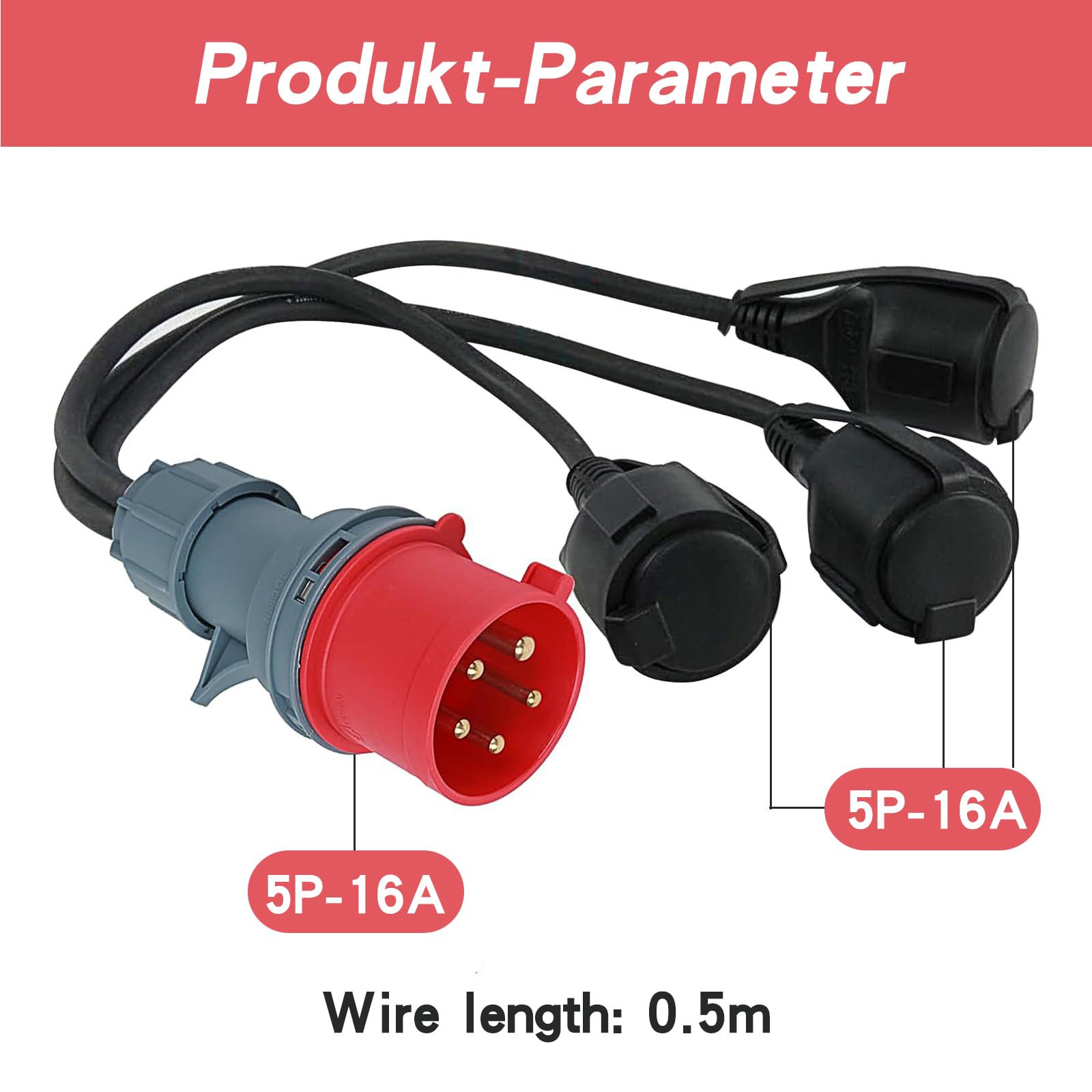 CEE Adapter rozdzielacz prądu 400 V, 16 A, wtyczka na 3 x 230 V, kabel przedłużający z wtyczką ze stykiem ochronnym i pokrywą na zawiasach, przewód adaptera CEE do zastosowań przemysłowych, przyczep