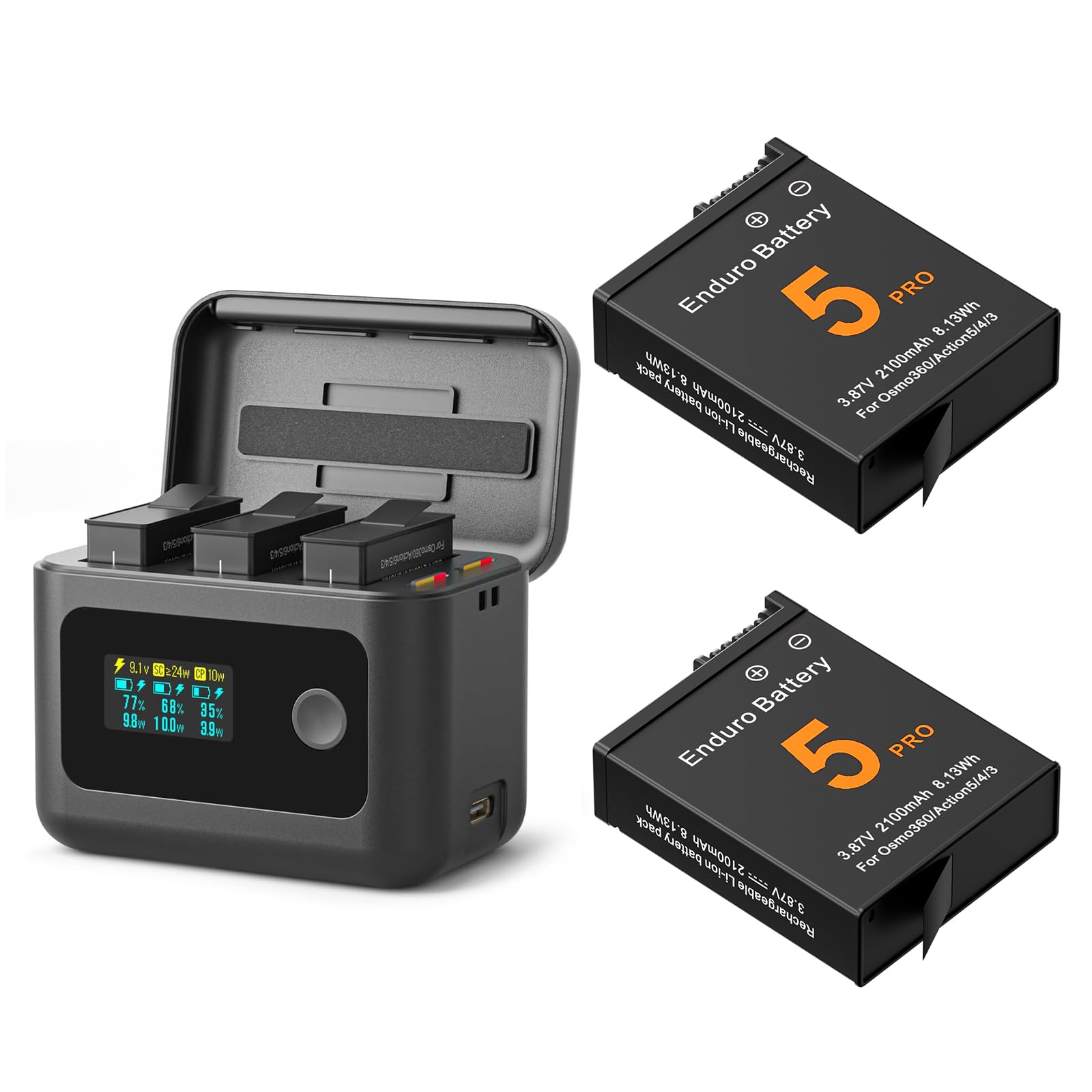 YDW Batería Osmo 360 (2 paquetes) con concentrador de carga bidireccional inteligente rápido de 24 W compatible con DJI Osmo 360/Action 6/Action 5 Pro/Action 4/Action 3 con pantalla LCD que muestra la