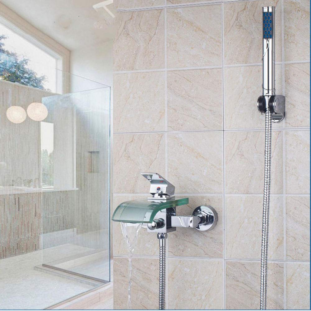 ZQFHSX Ornaments New Glass Spout Tub Shower Faucet Set Chrome Wall Mount + Handheld Tap Mixer Faucets Sculpture LWX