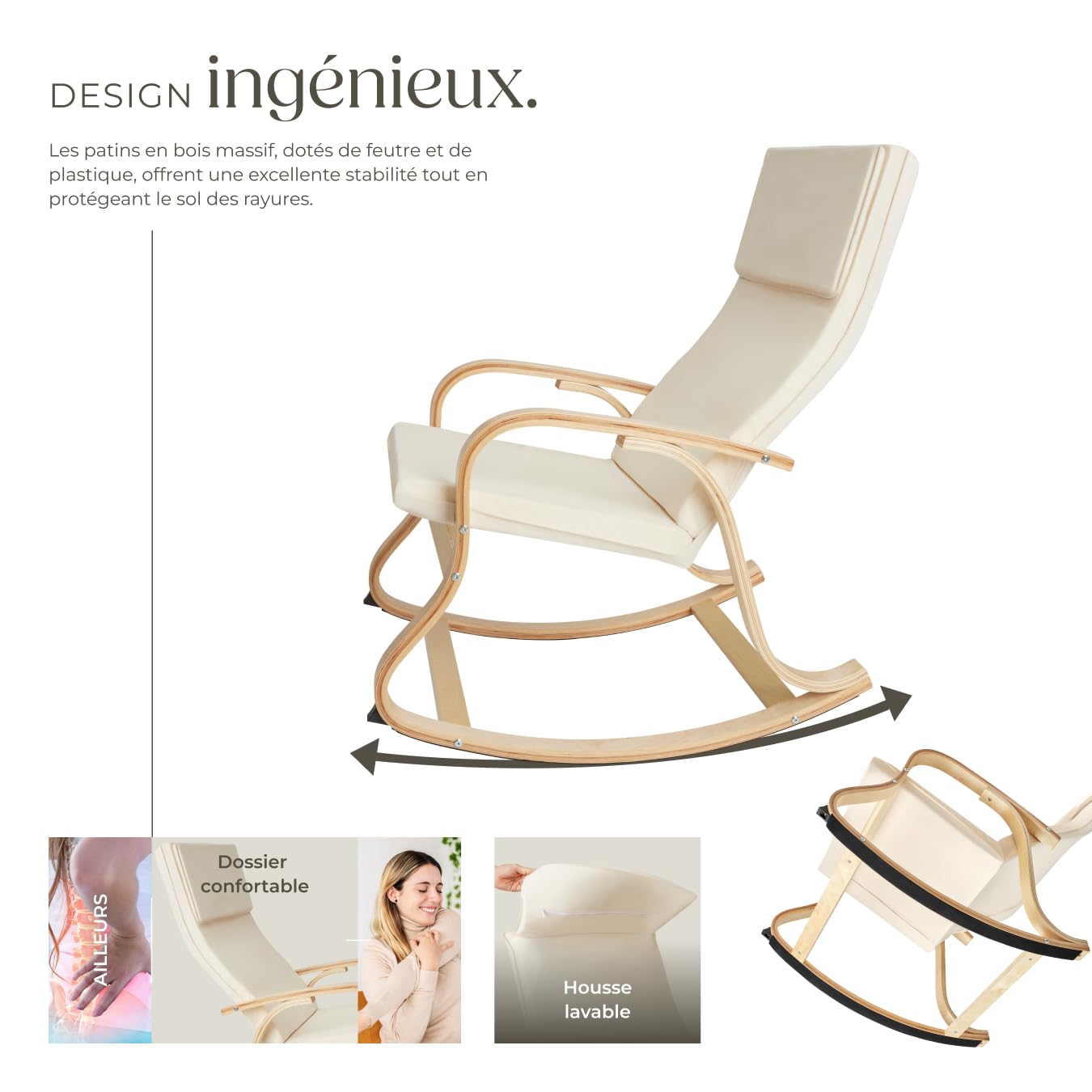 tectake® Fauteuil à Bascule avec Accoudoirs Rocking Chair Fauteuil Relax rembourée Cadre en Bois Fauteuil Salon Veranda, Chaise Ergonomique idéal Détente, Fauteuil Allaitement