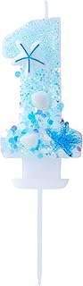 Number 1 Birthday Candle Blue Glitter with Seashell & Starfish, Ocean Theme Cake Candles 1 for One Years Old Birthday Cake Decoration or Beach Party, Mermaid Decor, Nautical Celebration