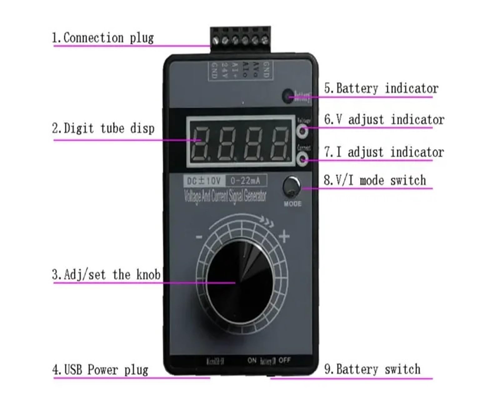 Hochpräziser DC 0-10V 4-20mA Analoggenerator, einstellbare Spannung, Strom 0-5V/3V/1V 0-22mA Debugging-Kalibrator (Size : Without Battery)