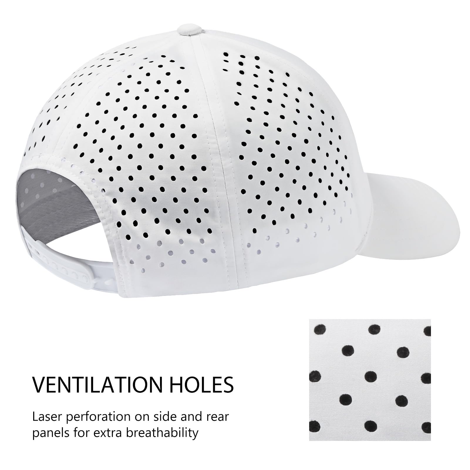 BASSDASH UPF 50+ Quick Dry Baseball Cap Water Resistant Laser Cut Mesh Snapback Hat for Men Women Fishing Hiking FH14 White