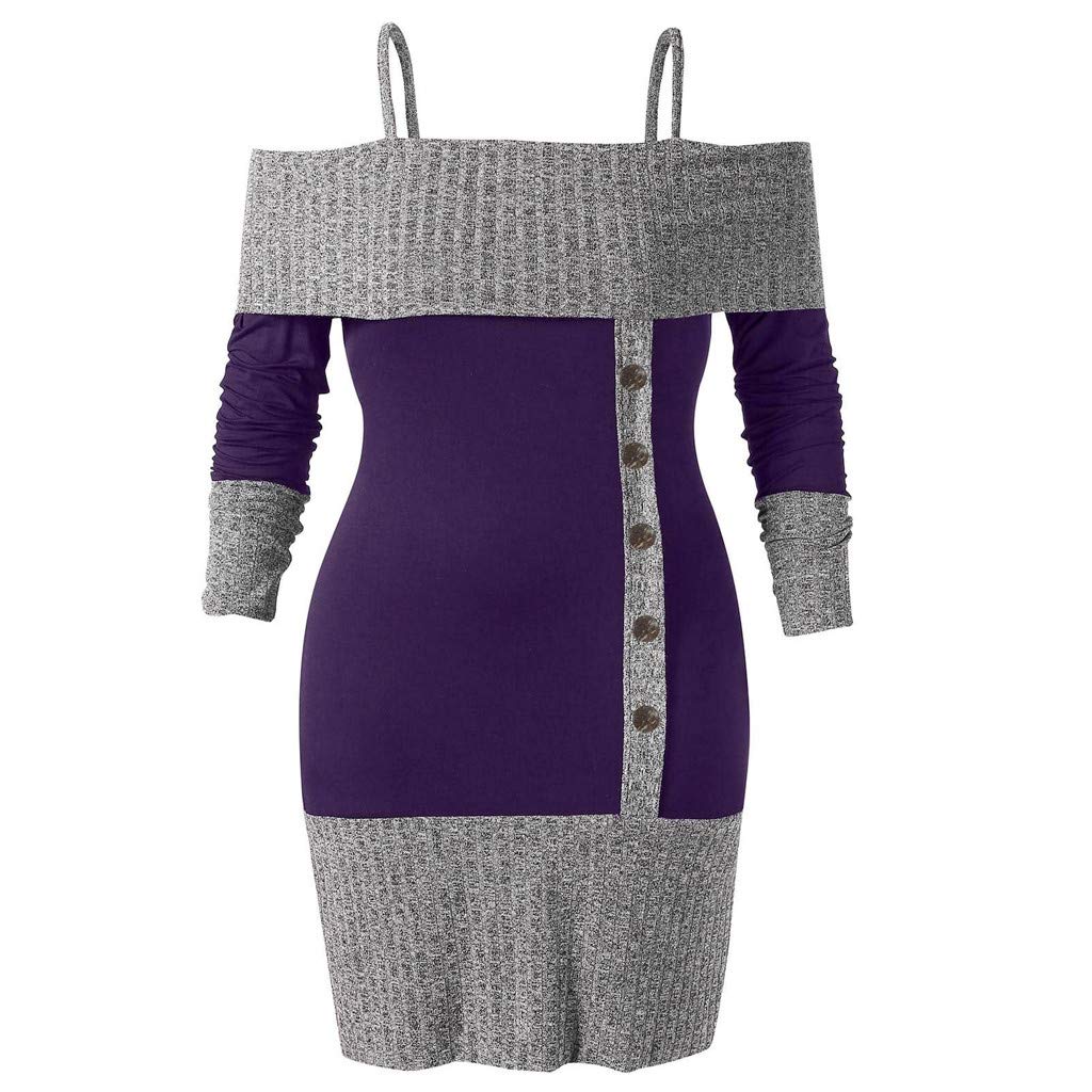 Women Plus Size Bodycon Dress Long Sleeve Open Shoulder Two Tone Knitwear Pullover Skirt