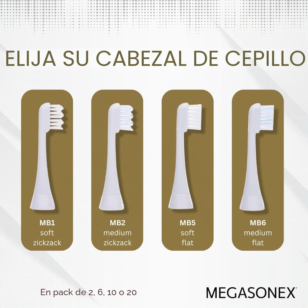 MEGASONEX Cepillo de dientes ultrasónico M8, con 2 niveles de vibración, cepillo de dientes blanco con 2 cabezales medianos