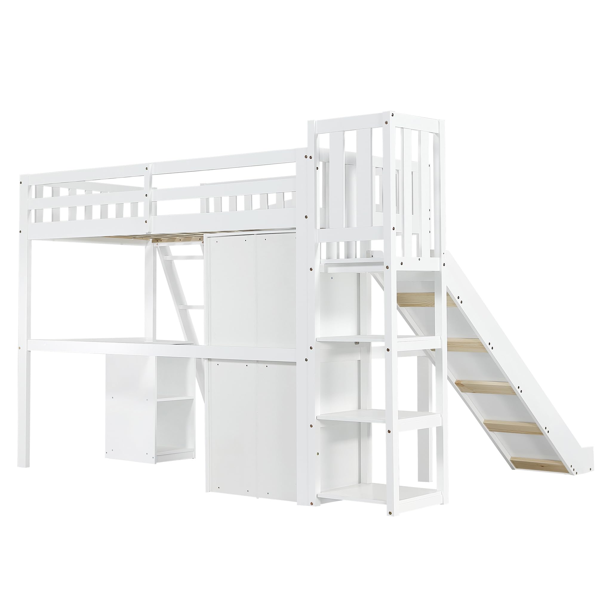 Kinderbett Etagenbett 90x200, Hochbett Hausbett mit Rutsche,Leiter,Kleiderschrank,Schreibtisch,Regale, Einzelbett Holzbett Spielbett Jugendbett mit Lattenrost&Rausfallschutz, Kiefer,Ohne Matratze,