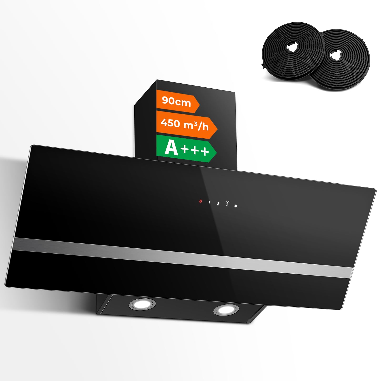 Cappa Aspirante Inclinata 90cm 450 m³/h 3 Livelli Boost Filtri Carbone Touch LED Vetro Nero