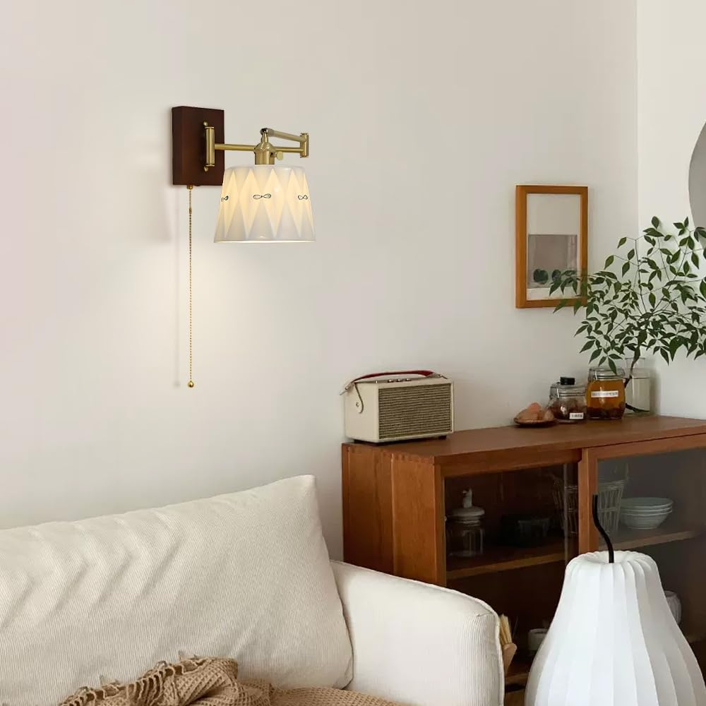 Ceramiczny kinkiet ścienny w stylu vintage z przełącznikiem sznurka, nowoczesna lampa ścienna z mosiądzu wahadłowego, kąt regulowany składany ramię kinkiet do sypialni stolik nocny życie (B)
