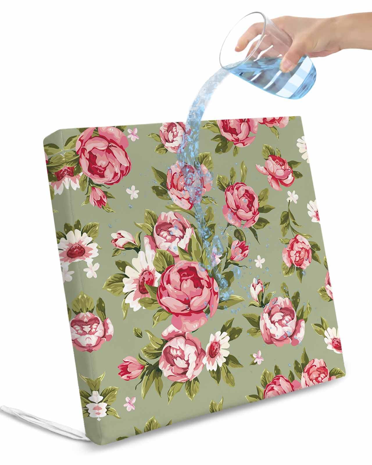 Edwiinsa Sage Green Floral Indoor/Outdoor Seat Cushions Cover,Waterproof Patio Chaise Lounge Cushion Cover for Beach Pool Side Chair Cushions 20x18x2 Pieces Retro Pastel Pink Flower Botanical Leaf