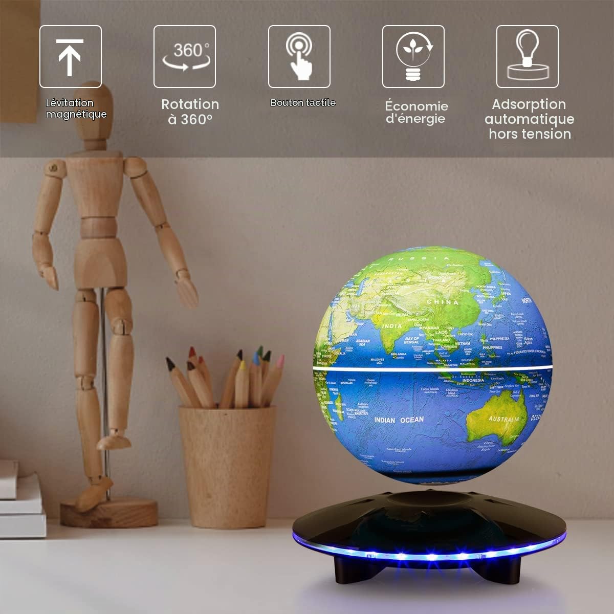 Globe à lévitation, Globe à lévitation magnétique Carte du monde Lampe boule flottante Décoration de bureau avec base lumineuse LED, Décoration maison