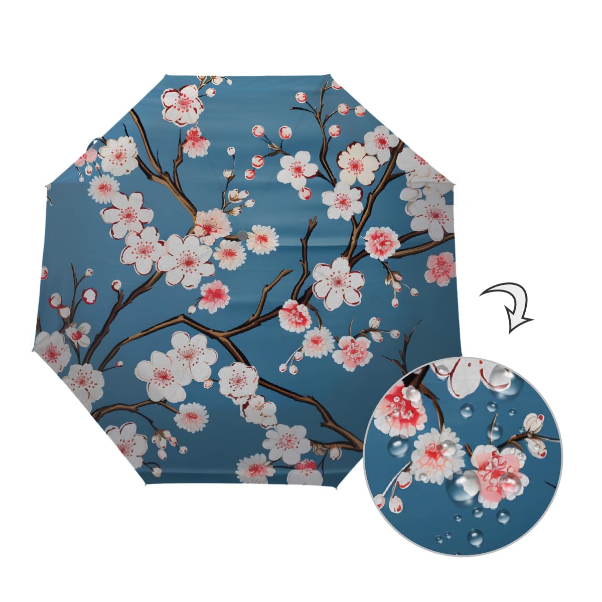 Ombrello pieghevole da viaggio con fiori di ciliegio giapponese retrò ombrello compatto antivento impermeabile con protezione UV rivestimento nero leggero 8 stecche portatile per pioggia sole
