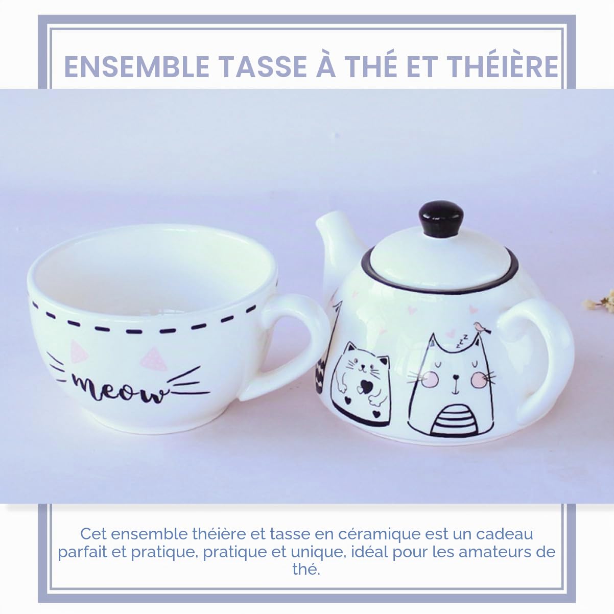 Garneck Théière à Motif De Chat Céramique Ensemble De Tasses à Thé Créatives Pour Maison Kit De Théière Avec Tasse à Thé
